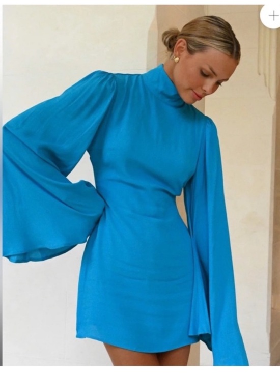 Yllw The Label Dresses & Skirts - yllw Yellow The Label Raya Bell Sleeve Mock Neck Mini Dress Blue Large